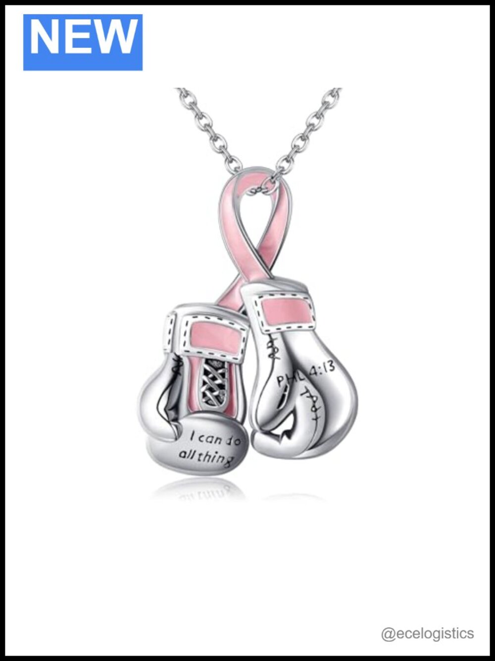 925 Sterling Silver Boxing Gloves Pink Ribbon Pendant Necklace Breast Cancer
